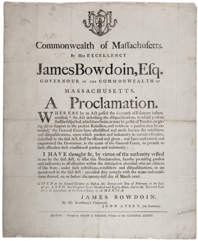 A Proclamation: amnesty offer to Shayss rebels, 17 February 1787 by American School